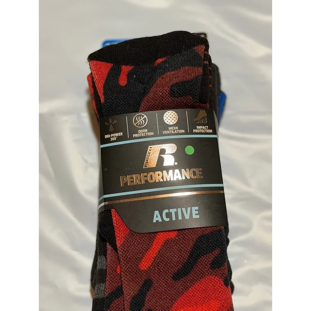 Russell Performance Active Crew Socks Red Camo Blue Stripe 3 Pair Large Boys
